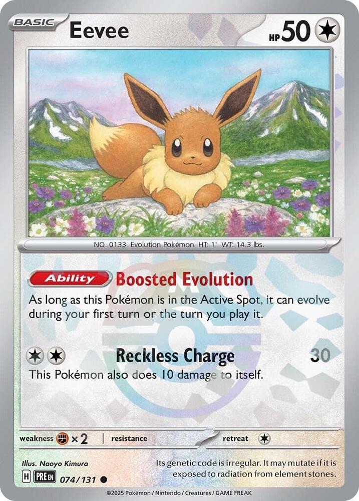 Pokémon Eevee #074/131 SV: Prismatic Evolutions Master Ball Pattern Holofoil Near Mint English Trading Card — catalog front, TCGplayer SKU 8490603