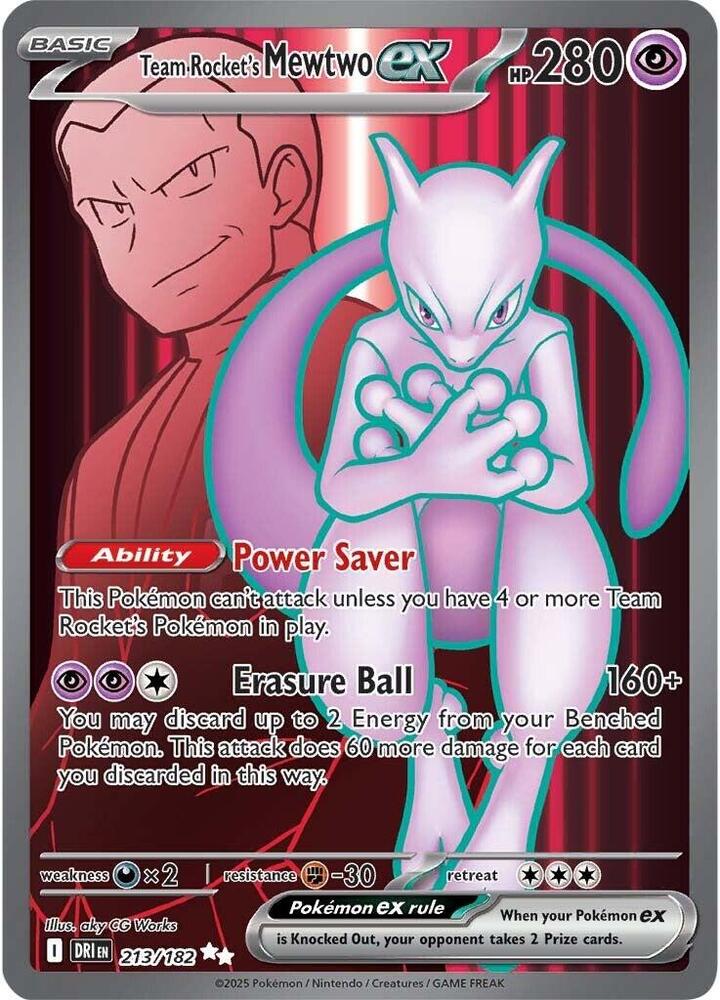 Pokémon Team Rocket's Mewtwo ex #213/182 SV10: Destined Rivals Ultra Rare Holofoil Near Mint English Trading Card — catalog front, TCGplayer SKU 8728108