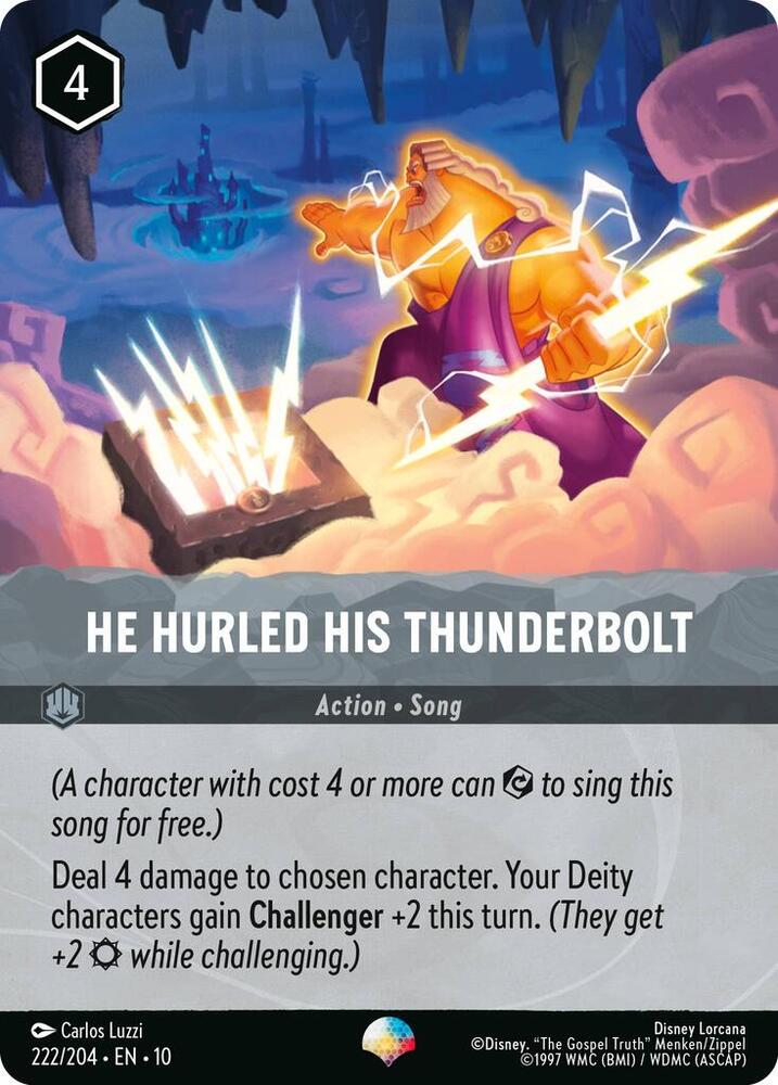 Lorcana TCG He Hurled His Thunderbolt #222/204 Whispers in the Well Epic Holofoil Near Mint English Trading Card — catalog front, TCGplayer SKU 8971303