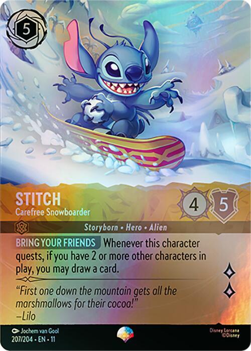 Lorcana TCG Stitch - Carefree Snowboarder #207/204 Winterspell Epic Holofoil Near Mint English Trading Card — catalog front, TCGplayer SKU 9121345