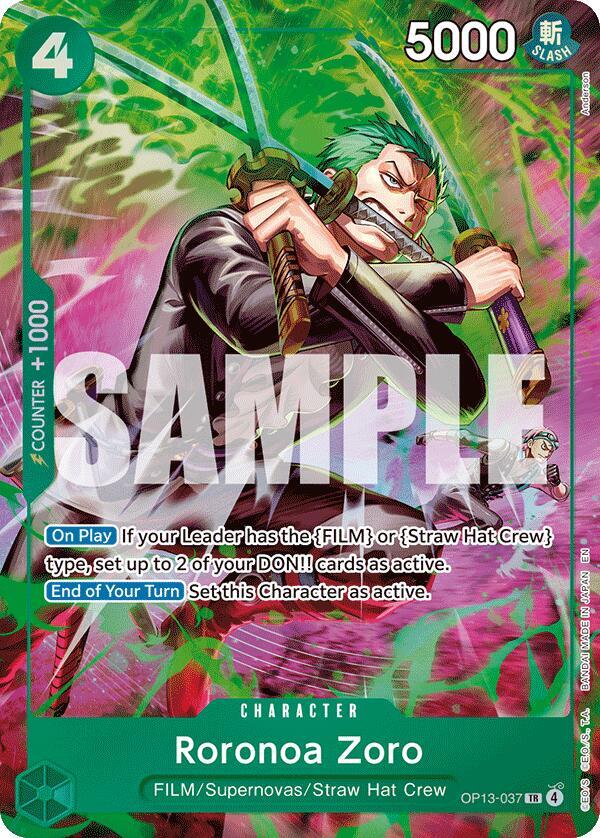 One Piece Card Game Roronoa Zoro #OP13-037 Adventure on Kami's Island TR Foil Near Mint English Trading Card — catalog front, TCGplayer SKU 9196284
