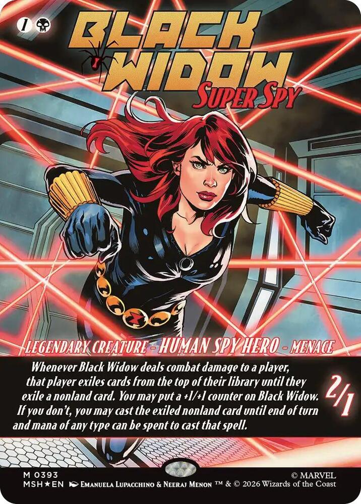 Magic Black Widow, Super Spy #393 Marvel Super Heroes Borderless Foil Near Mint English Trading Card — catalog front, TCGplayer SKU 9322597