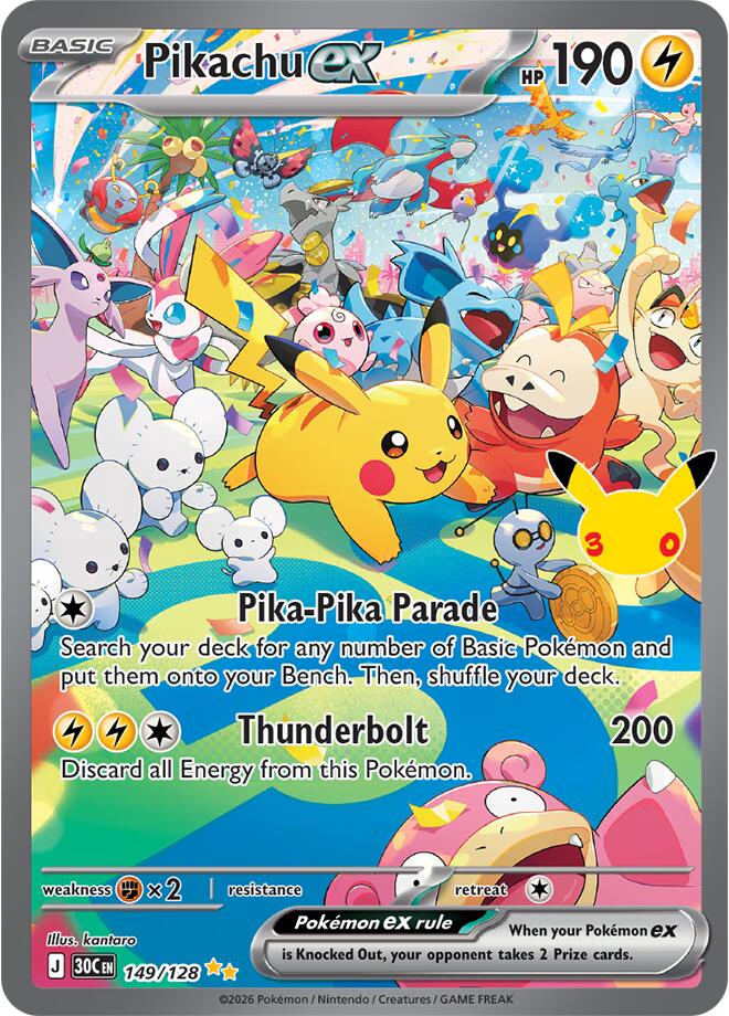 Pokémon Pikachu ex #149/128 ME: 30th Celebration Special Illustration Rare Holofoil Near Mint Trading Card