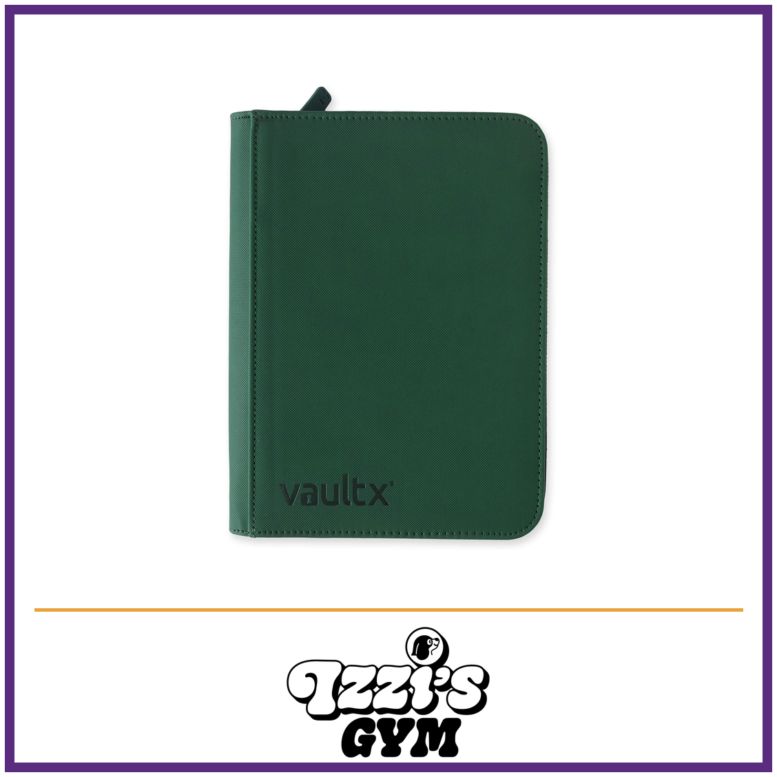 Vault X 4-Pocket Exo-Tec Zip Binder — Forest Green, manufacturer front-cover photo in approved Izzi’s Gym frame