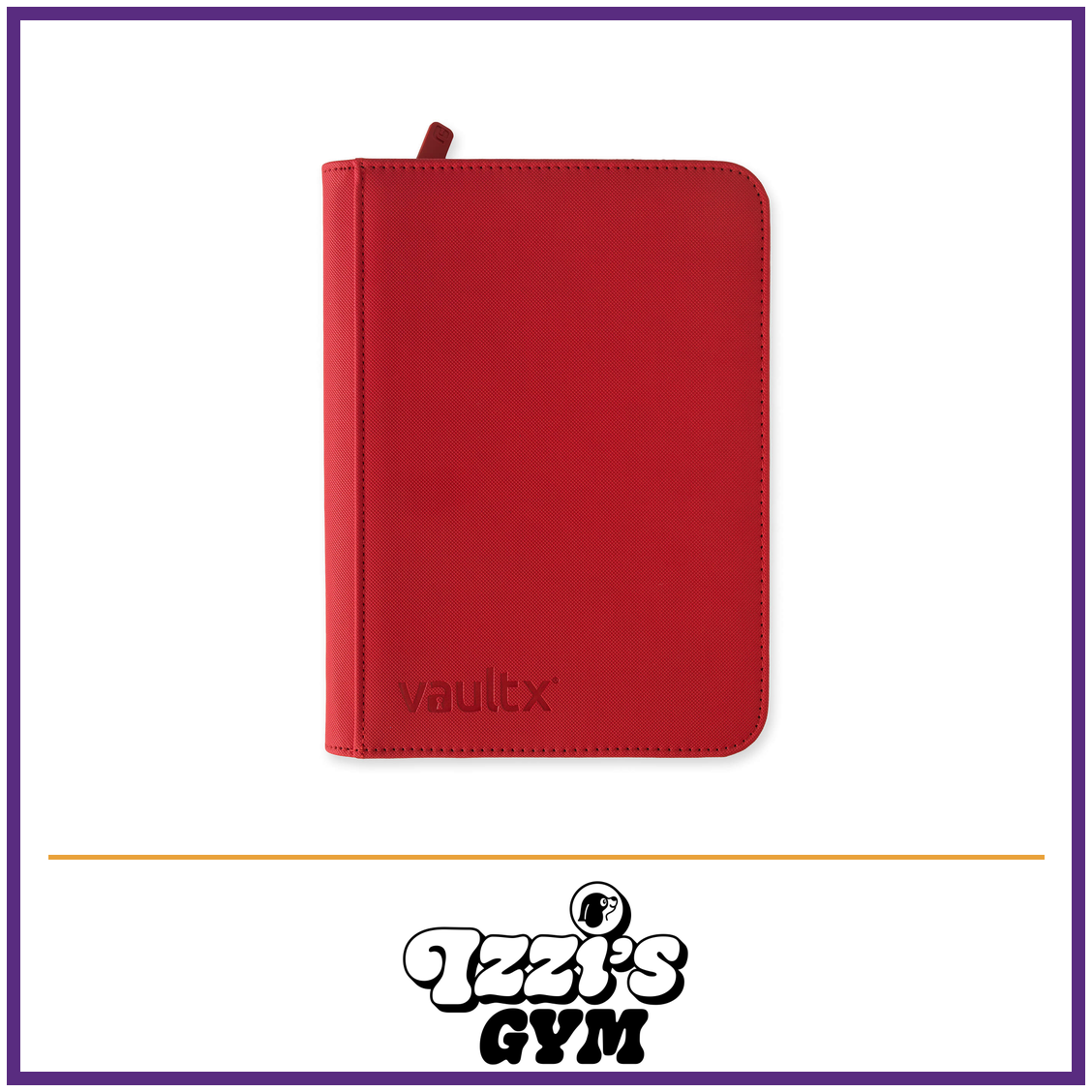 Vault X 4-Pocket Exo-Tec Zip Binder — Fire Red, manufacturer front-cover photo in approved Izzi’s Gym frame