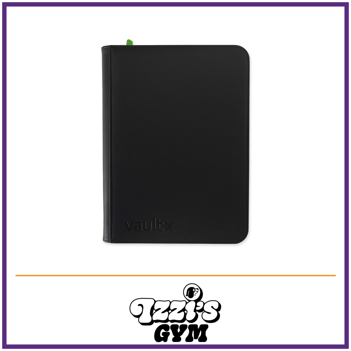 Vault X 9-Pocket Exo-Tec Zip Binder — Signature Black, manufacturer front-cover photo in approved Izzi’s Gym frame