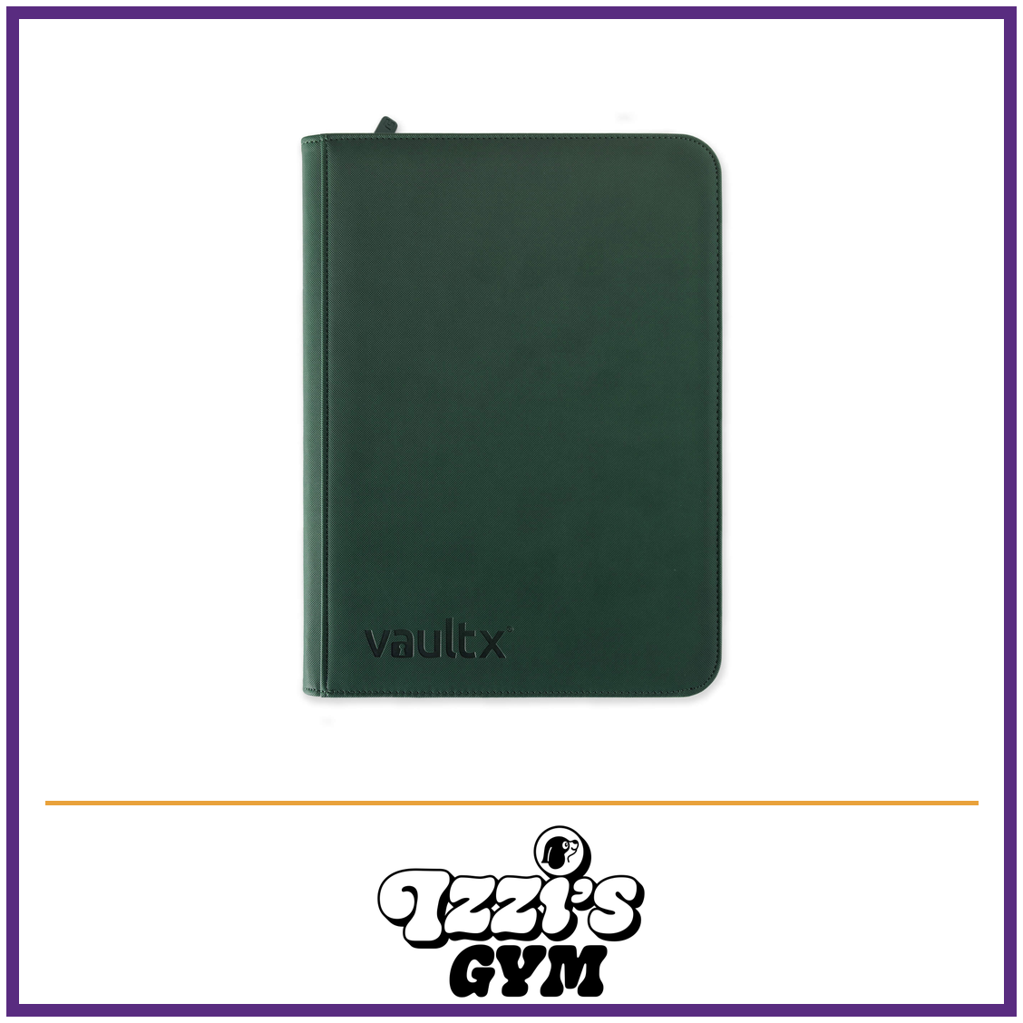 Vault X 9-Pocket Exo-Tec Zip Binder — Forest Green, manufacturer front-cover photo in approved Izzi’s Gym frame