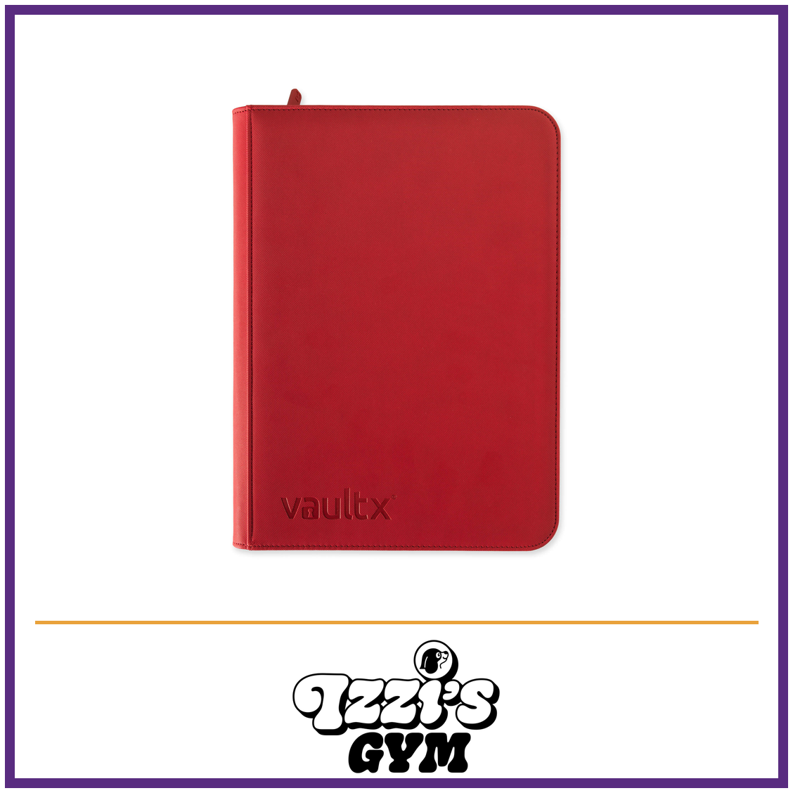 Vault X 9-Pocket Exo-Tec Zip Binder — Fire Red, manufacturer front-cover photo in approved Izzi’s Gym frame