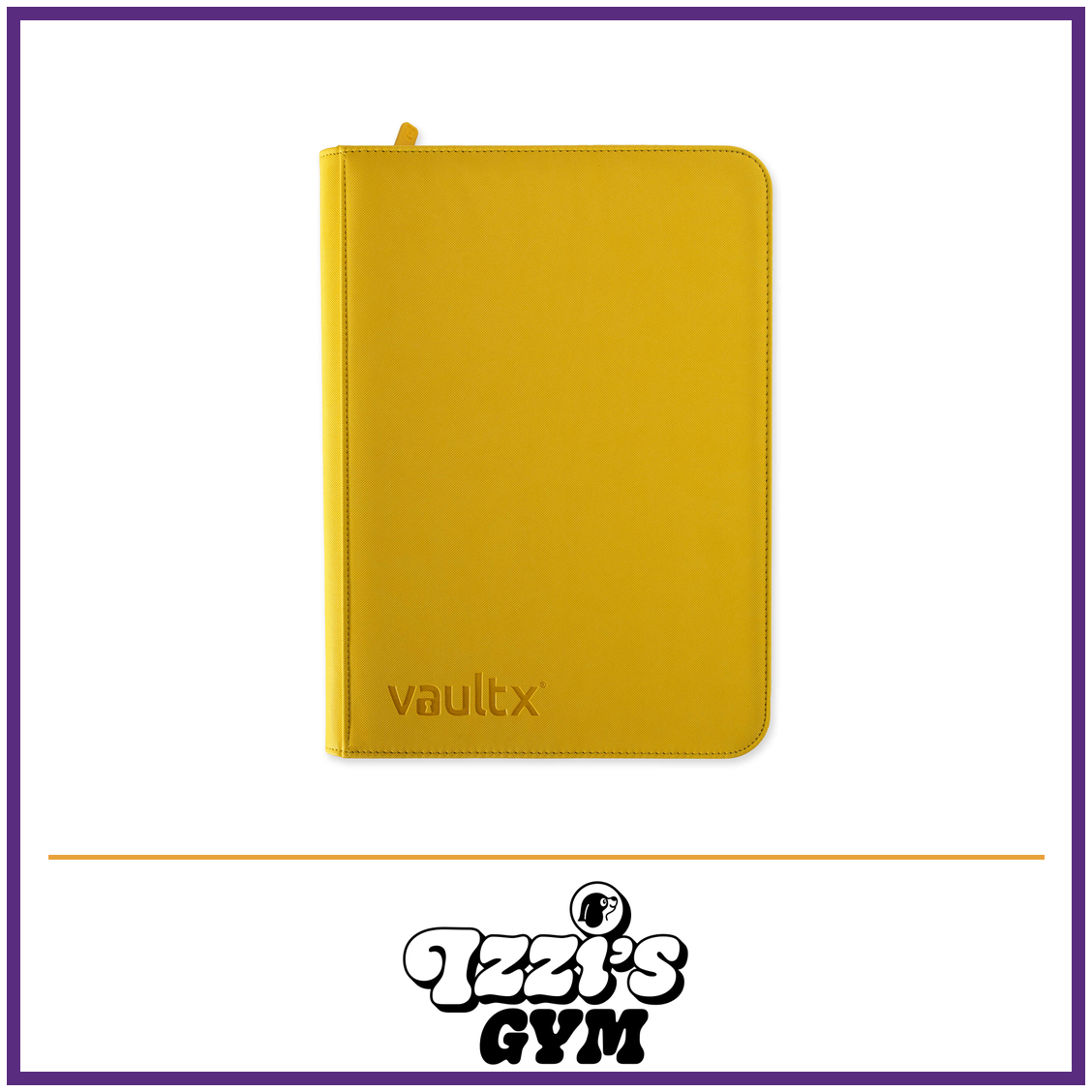 Vault X 9-Pocket Exo-Tec Zip Binder — Sunrise Yellow, manufacturer front-cover photo in approved Izzi’s Gym frame