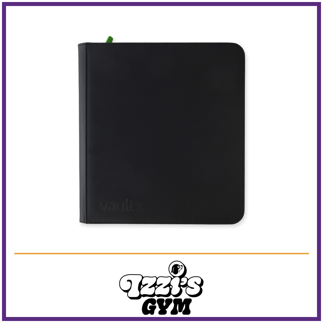 Vault X 12-Pocket Exo-Tec Zip Binder — Signature Black, manufacturer front-cover photo in approved Izzi’s Gym frame