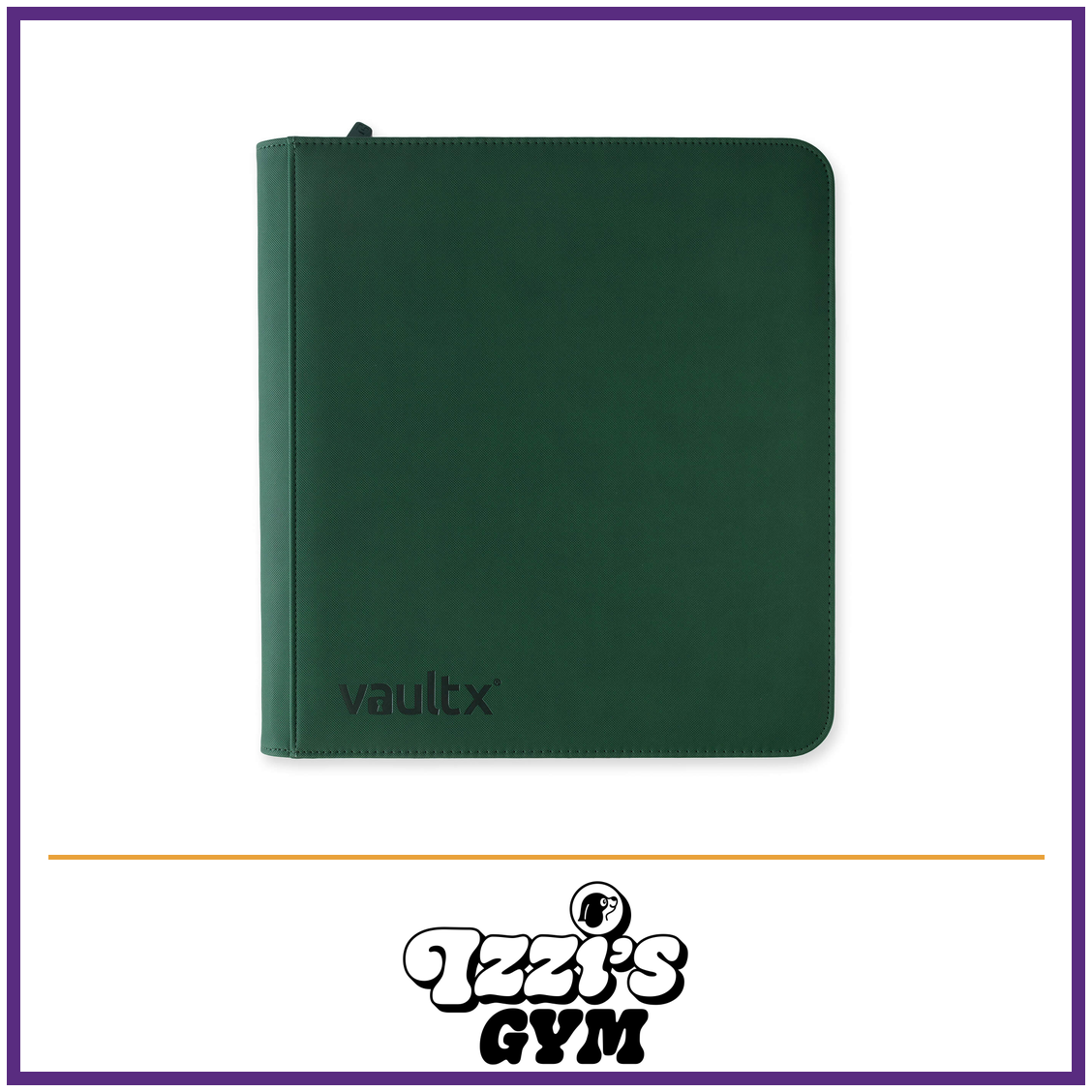 Vault X 12-Pocket Exo-Tec Zip Binder — Forest Green, manufacturer front-cover photo in approved Izzi’s Gym frame