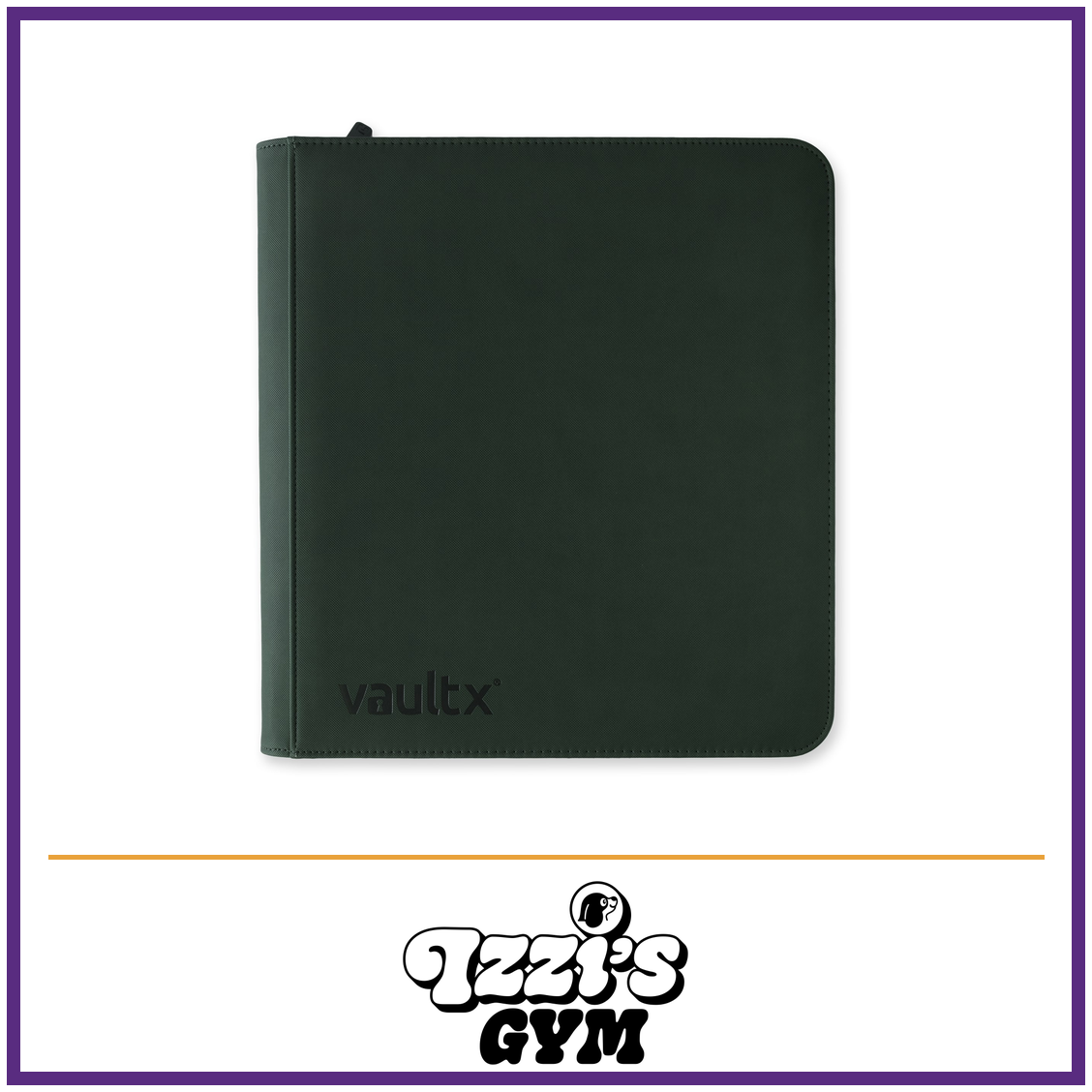 Vault X 12-Pocket Exo-Tec Zip Binder XL — Forest Green, manufacturer front-cover photo in approved Izzi’s Gym frame