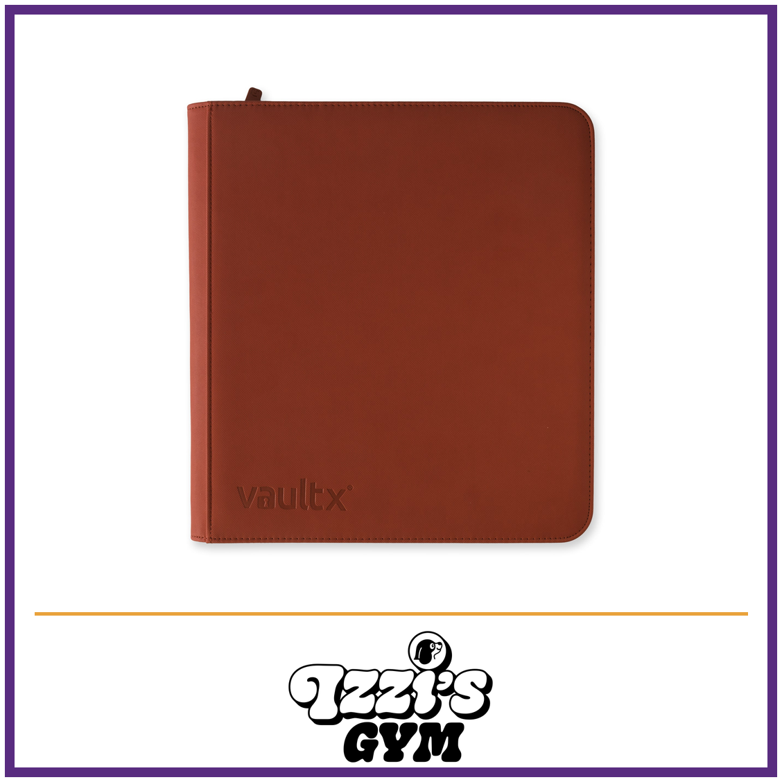 Vault X 12-Pocket Exo-Tec Zip Binder XL — Fire Red, manufacturer front-cover photo in approved Izzi’s Gym frame