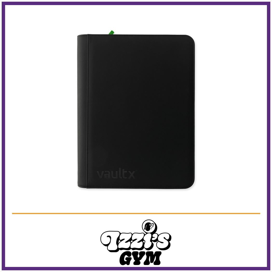 Vault X 16-Pocket Exo-Tec Zip Binder XXL — Signature Black, manufacturer front-cover photo in approved Izzi’s Gym frame