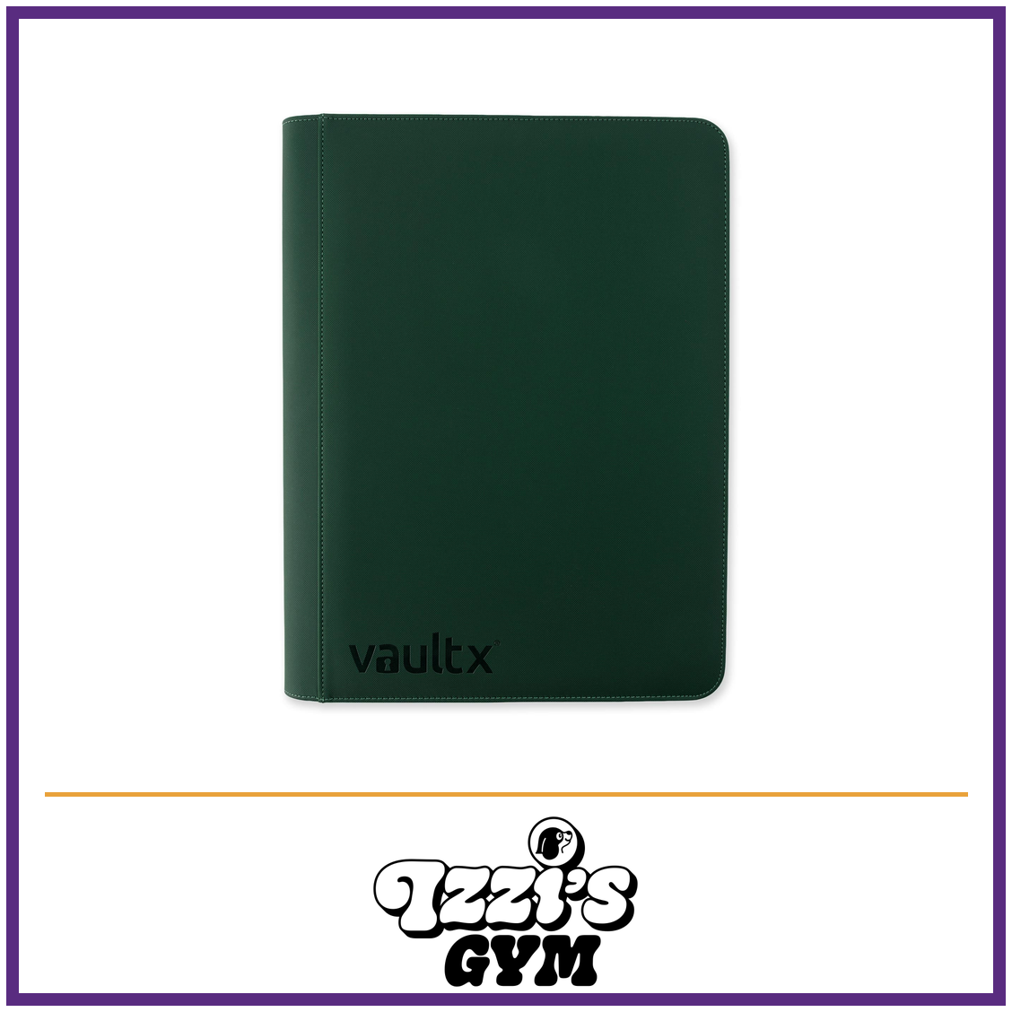 Vault X 16-Pocket Exo-Tec Zip Binder XXL — Forest Green, manufacturer front-cover photo in approved Izzi’s Gym frame